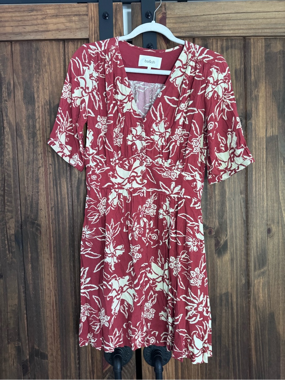 ba&sh Soma Rust Red Floral V-Neck Mini Dress